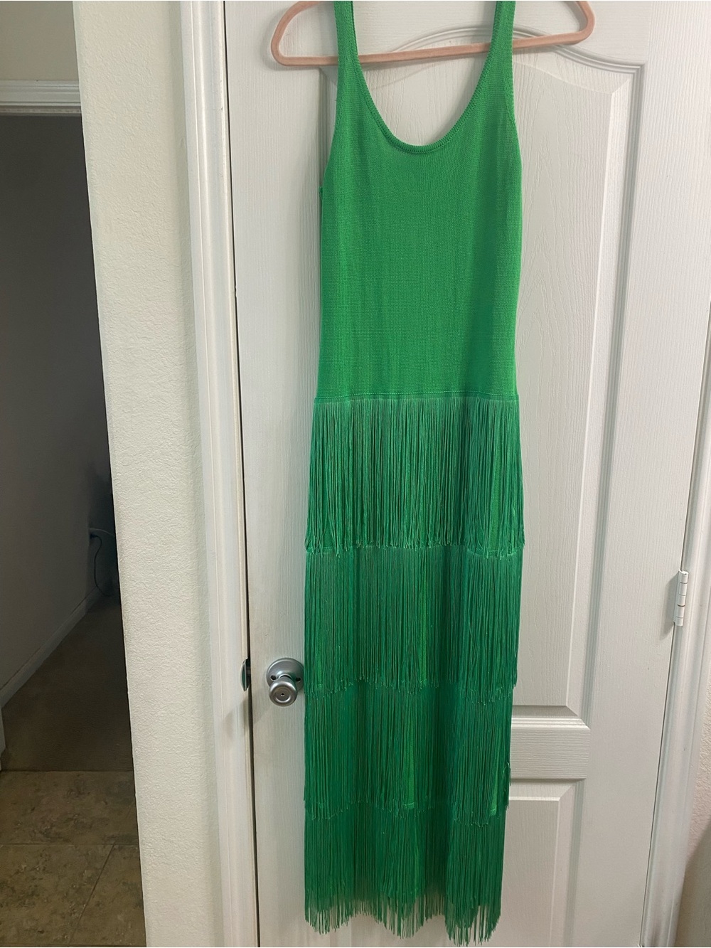 Vici Sunset Spritz Great Gatsby Tiered Fringe Maxi Vibrant Green Knit Dress M - Picture 2 of 15